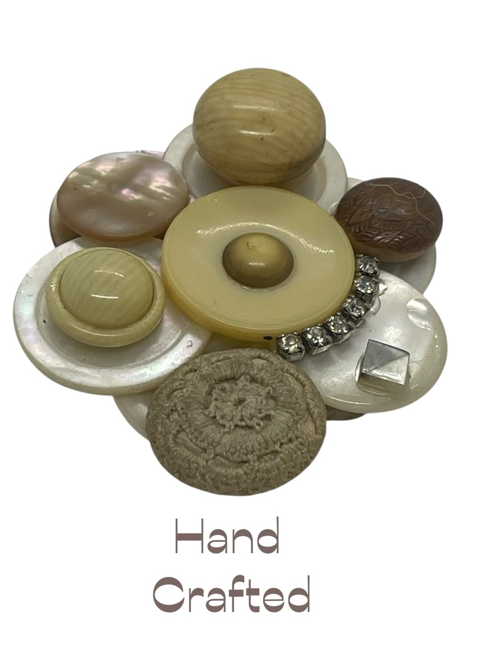 Hand Crafted Antique Cream Tan Resin Rhinestone Button Brooch NWT